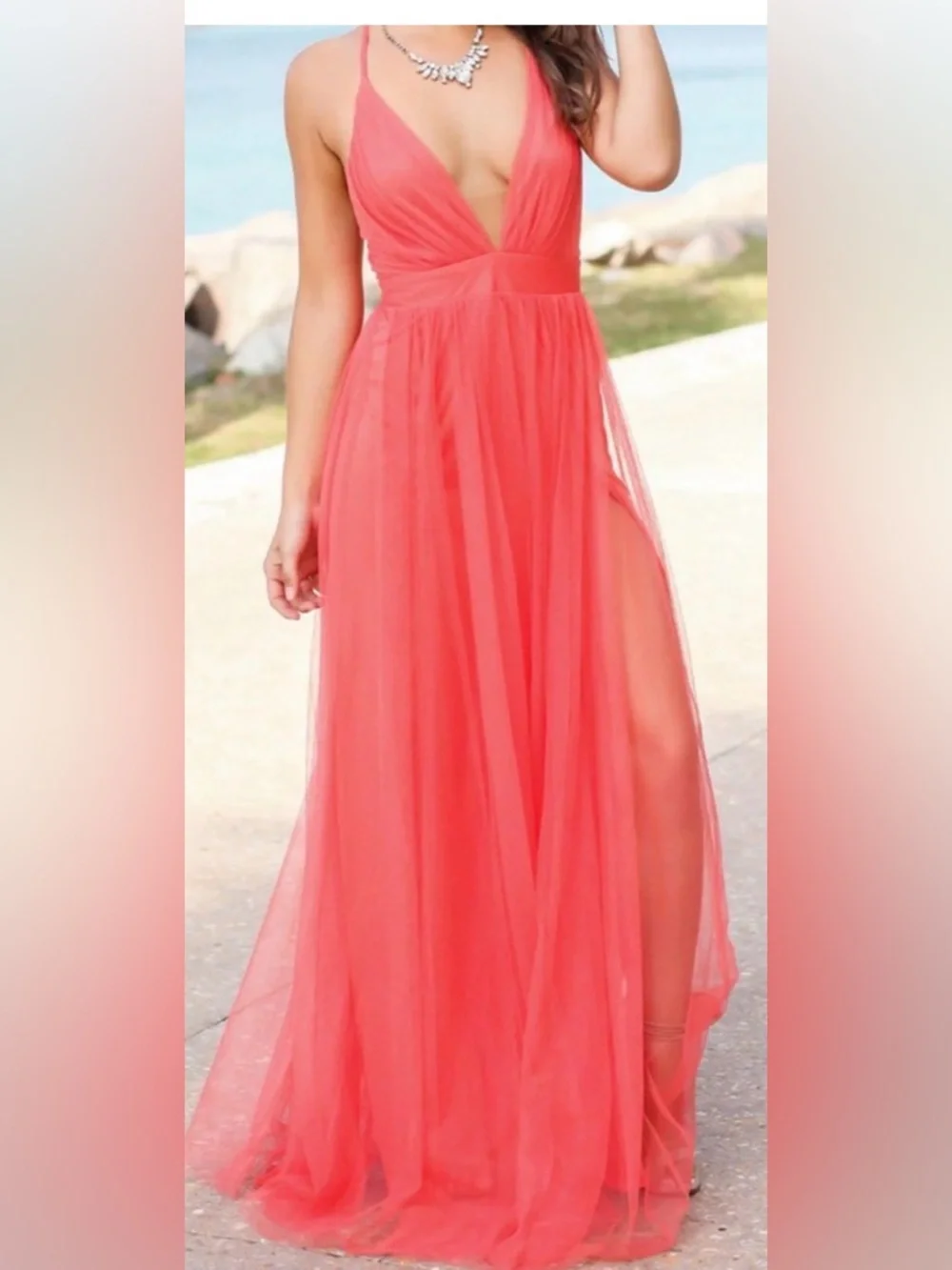 NWT Coral Tulle Maxi Dress Backless Deep V Flowing Formal Gown Boutique - Picture 2 of 3